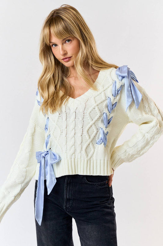 Satin Bow Cable Knit Sweater