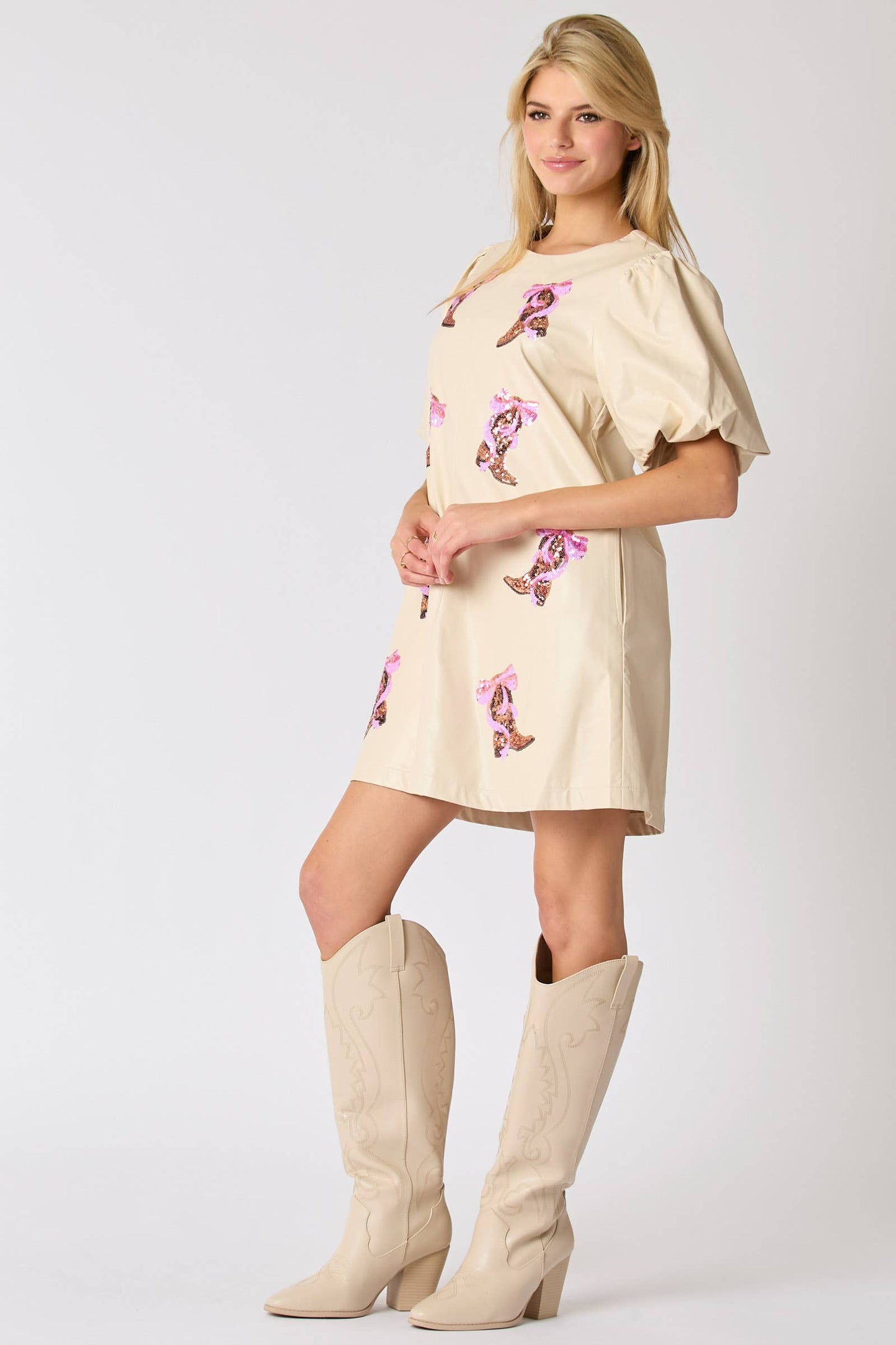 Leather Western Boots & Bow Embroidery Dress