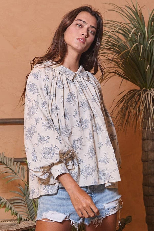 Pleated Floral Blouse Top